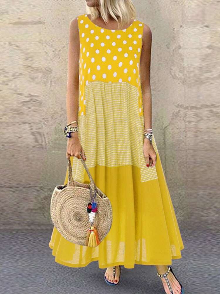 0100 SEXY Summer Women Sleeveless Dresses Cotton Linen Polka Dot Plaid Patchwork - Image 2