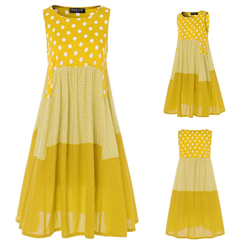 0100 SEXY Summer Women Sleeveless Dresses Cotton Linen Polka Dot Plaid Patchwork - Image 9