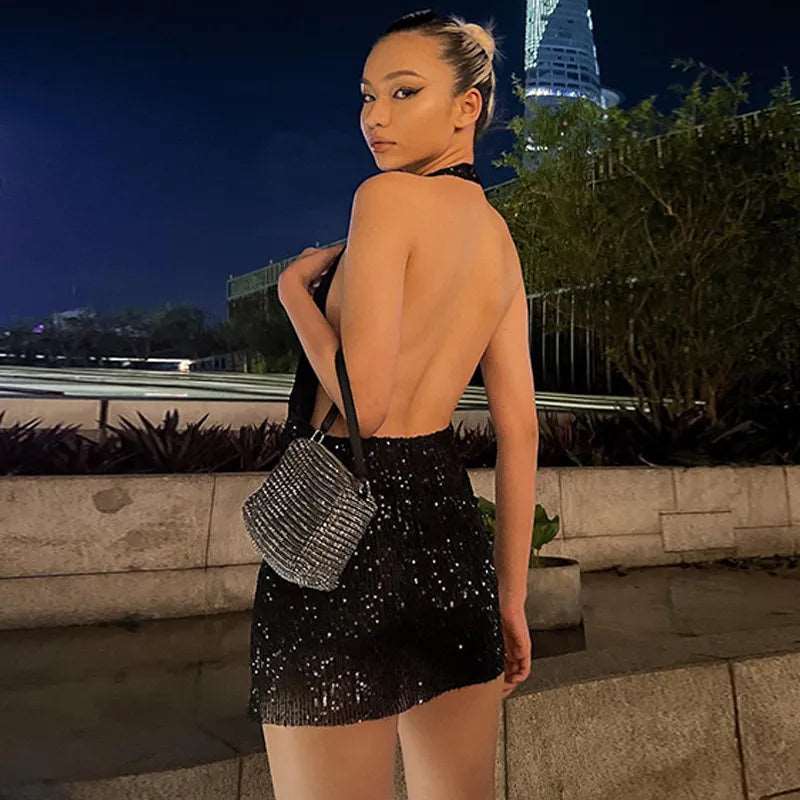 068 Fashion Sequins Sexy Halter Backless Dress V-neck Split Solid Color Mini Dress - Image 6
