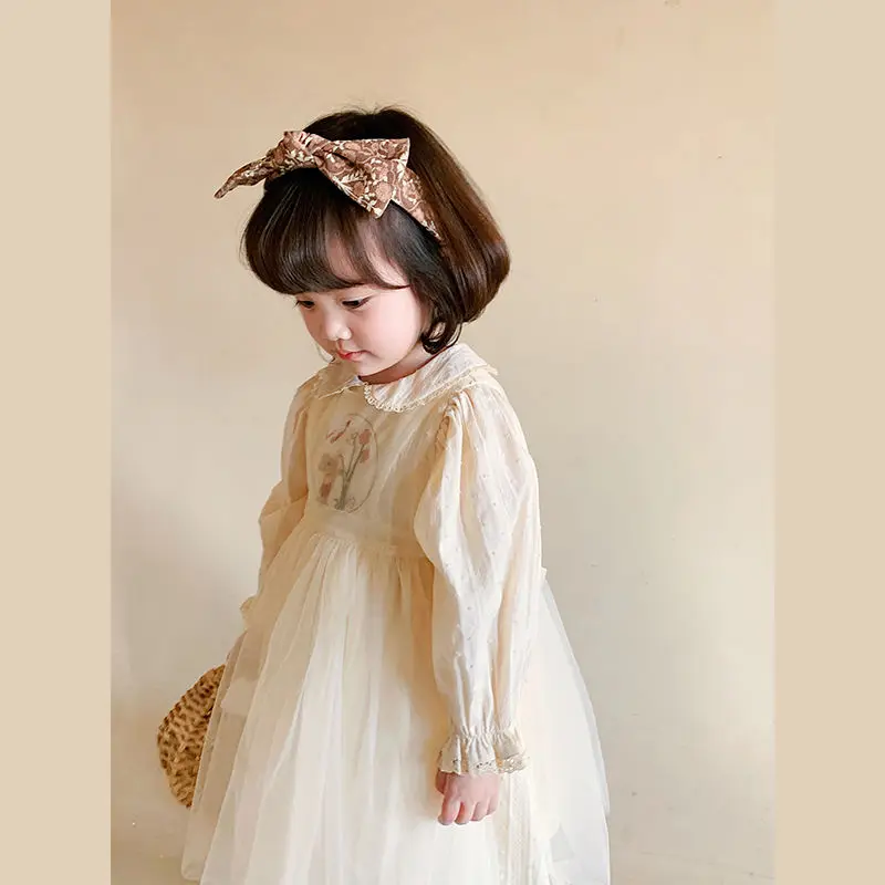 1-10Y New Baby Kid Girl Spring Summer Cream Color Kids infant Dresses Children Doll Collar Embroidered Yarn Dress Girls Clothes - Image 2