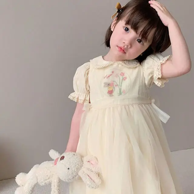 1-10Y New Baby Kid Girl Spring Summer Cream Color Kids infant Dresses Children Doll Collar Embroidered Yarn Dress Girls Clothes - Image 3