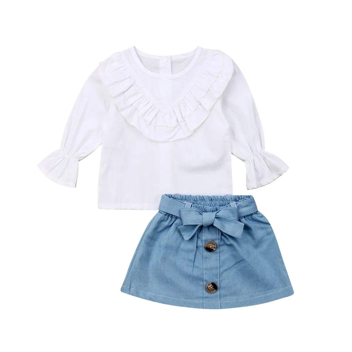 1-5 Year Kid Clothes Set Baby Girls White Long Sleeve Ruffles T Shirts +Girl Denim A-Line Skirt Kids Outfit Sets Spring Autumn