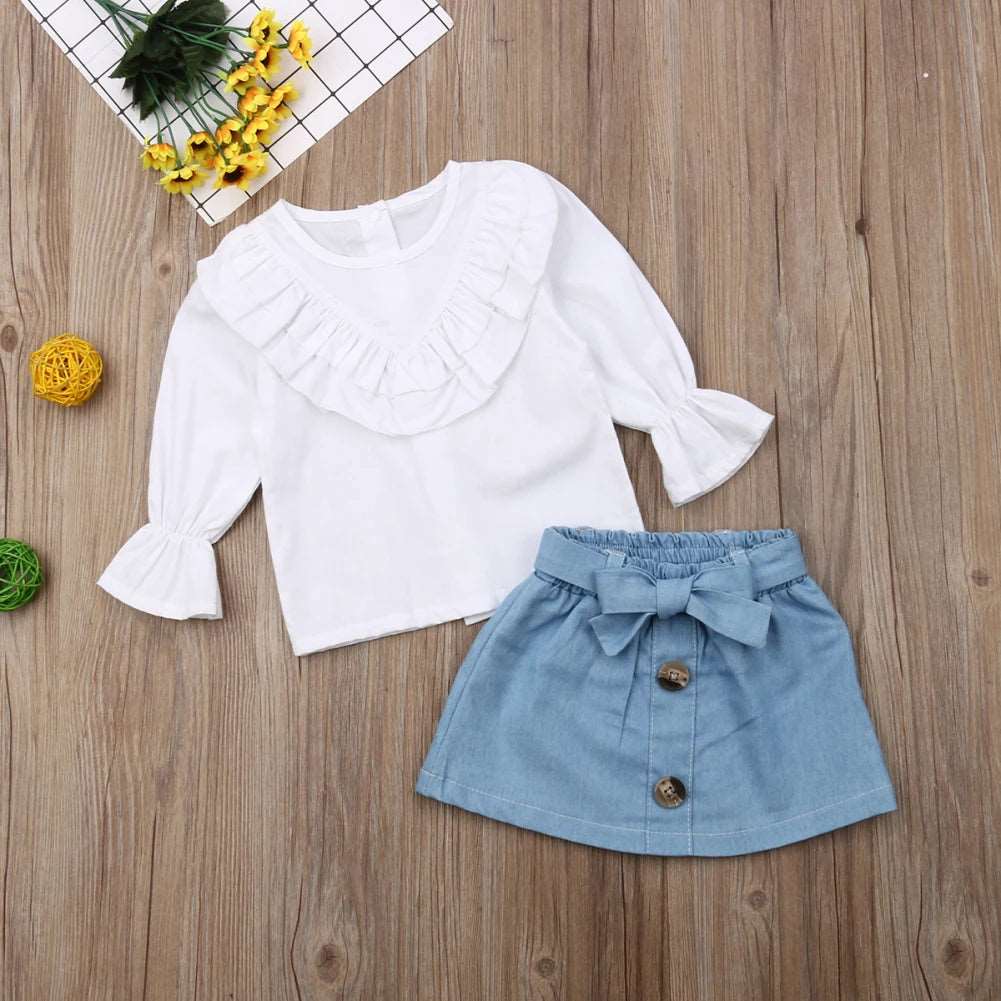 1-5 Year Kid Clothes Set Baby Girls White Long Sleeve Ruffles T Shirts +Girl Denim A-Line Skirt Kids Outfit Sets Spring Autumn - Image 3
