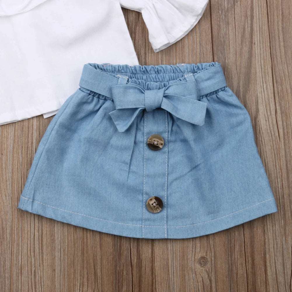 1-5 Year Kid Clothes Set Baby Girls White Long Sleeve Ruffles T Shirts +Girl Denim A-Line Skirt Kids Outfit Sets Spring Autumn - Image 5