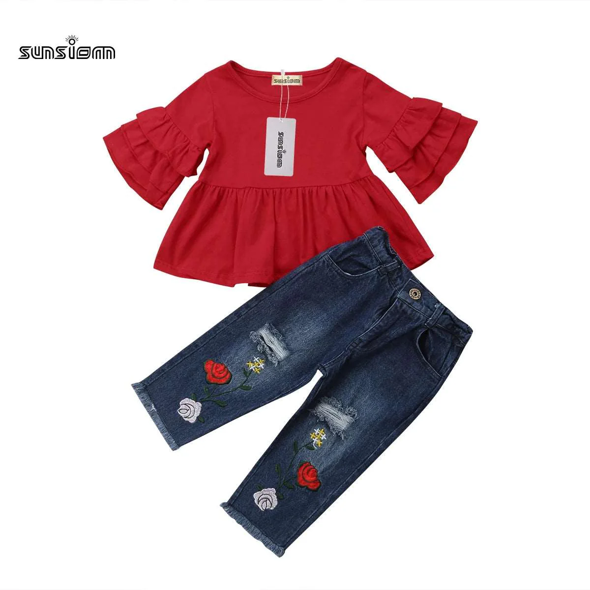 1-6Y Fashion Summer Kids Baby Clothes Sets Ruffles Sleeve Red T-Shirts Tops Floral Print Blue Hole Denim Pants Outfits - Image 2