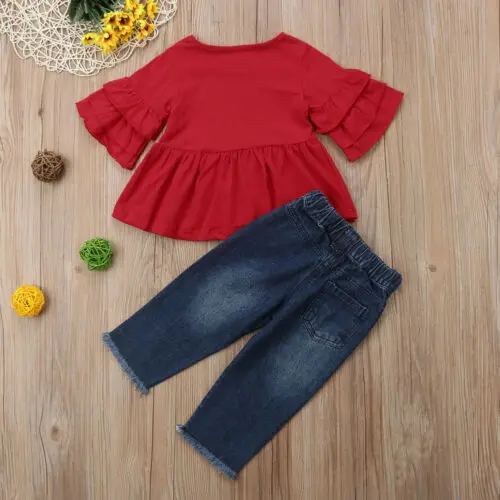 1-6Y Fashion Summer Kids Baby Clothes Sets Ruffles Sleeve Red T-Shirts Tops Floral Print Blue Hole Denim Pants Outfits - Image 4