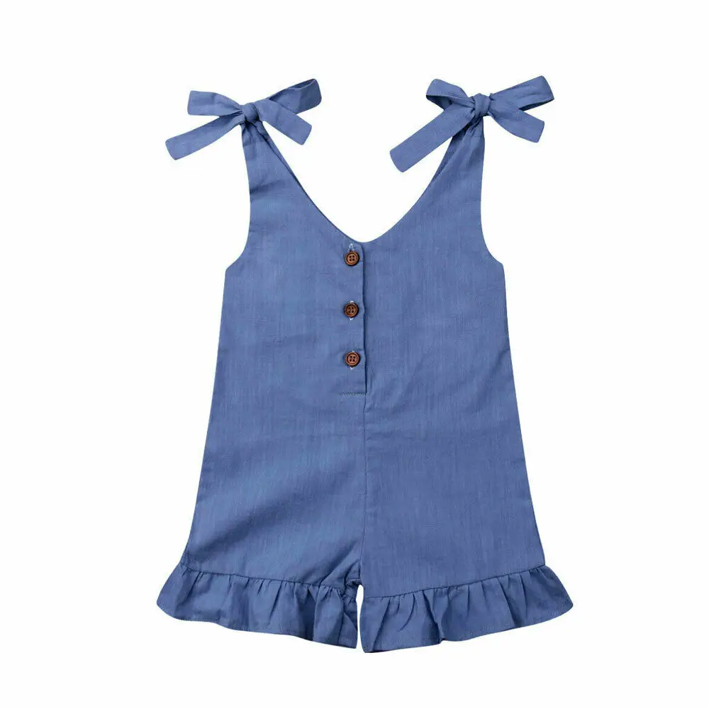 1-6Y New Baby Girl Cotton Linen Clothes Girls Ruffle Romper Kids Jumpsuit Summer Sleeveless Button Overalls Outfits - Image 4