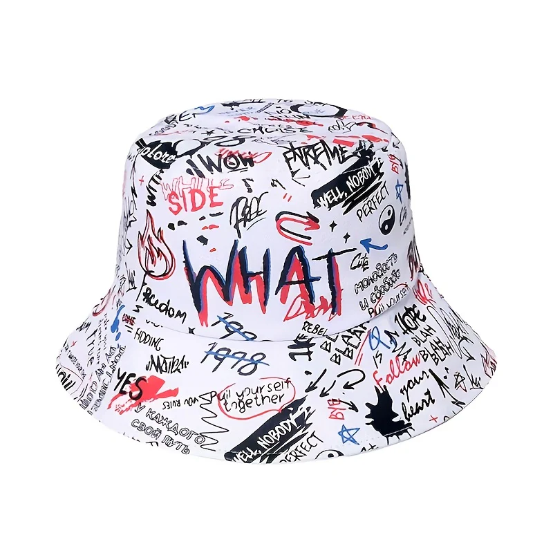 1 Men's "What" Graffiti-Style Bucket Hat - Streetwear Polyester, Hand-Washable, Black with Colorful Typography & Graphics, Perfect for Trendy Outfits - Image 6