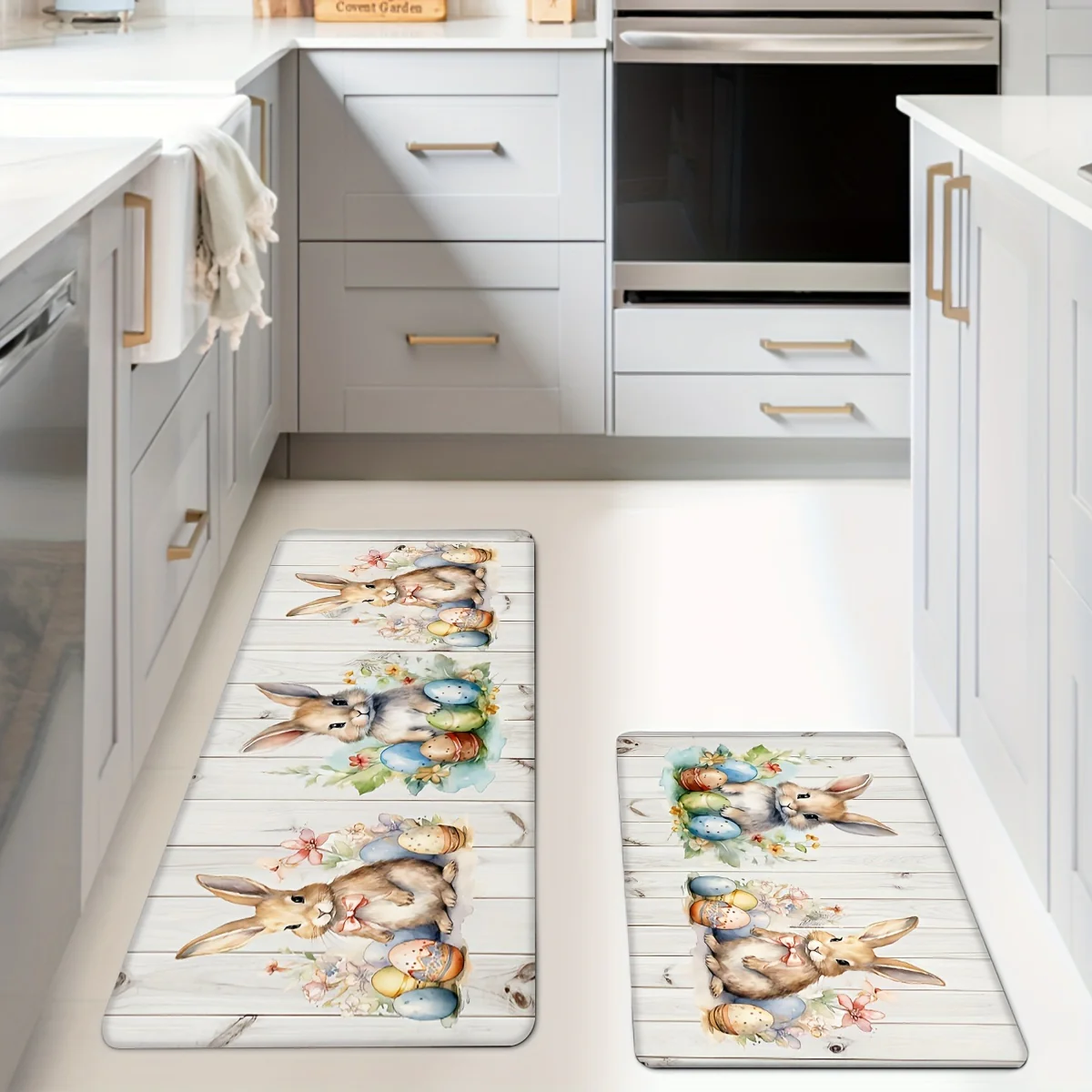 1 Set Easter Bunny Non-Slip Kitchen Rug, Machine Washable Polyester Knit Floor Mats, Lightweight Cushioned Comfort Standing Mat for Home Office, Sink, Laundry, Bathroom - Machine Made Runner - Image 2