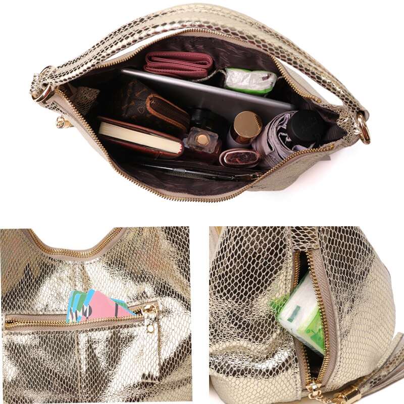 100% Real Leather Shoulder Bag Metallic Color Serpentine Embossed Handbag Female Casual Stylish Tote Hobos Cross Body Bags New - Image 5