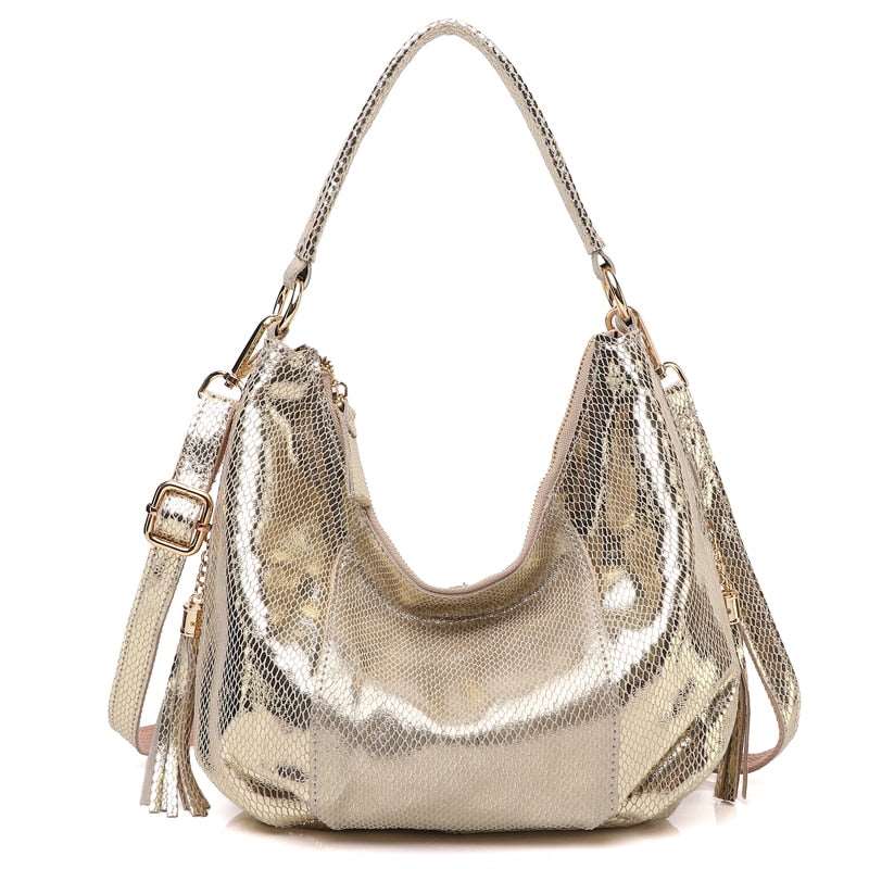 100% Real Leather Shoulder Bag Metallic Color Serpentine Embossed Handbag Female Casual Stylish Tote Hobos Cross Body Bags New - Image 7