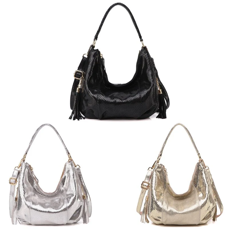 100% Real Leather Shoulder Bag Metallic Color Serpentine Embossed Handbag Female Casual Stylish Tote Hobos Cross Body Bags New - Image 8