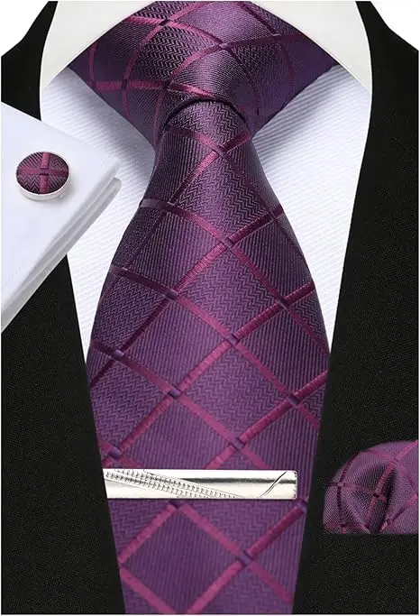 100% Silk Ties for Men Plaid & Checks Tie Clip Handkerchief Woven Classic Men's Necktie Pocket Square Set Formal Wedding Ties - Image 11