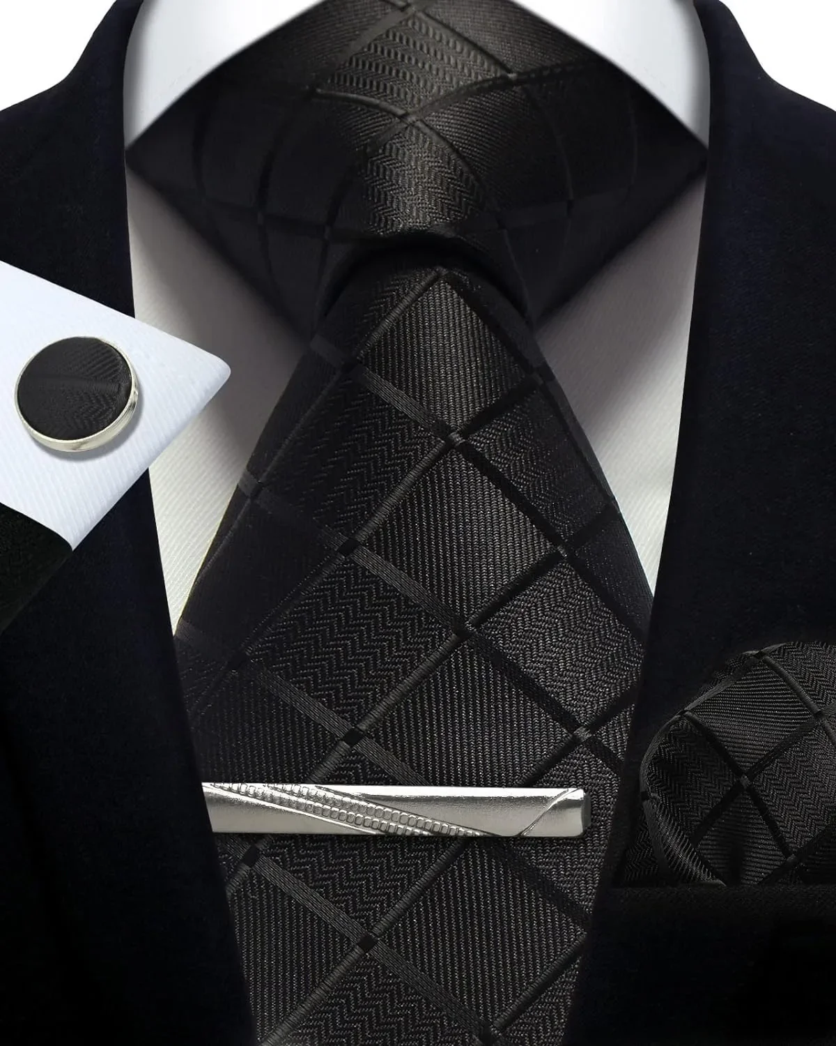 100% Silk Ties for Men Plaid & Checks Tie Clip Handkerchief Woven Classic Men's Necktie Pocket Square Set Formal Wedding Ties - Image 12