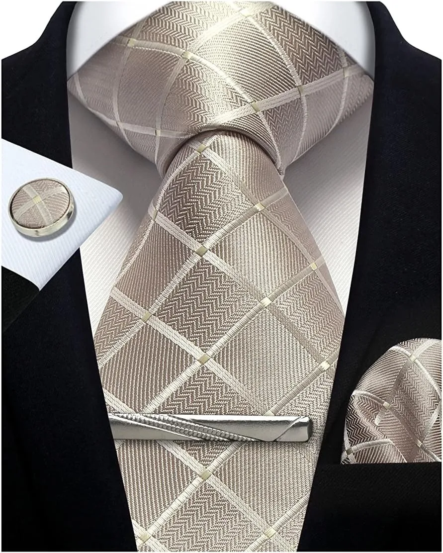 100% Silk Ties for Men Plaid & Checks Tie Clip Handkerchief Woven Classic Men's Necktie Pocket Square Set Formal Wedding Ties - Image 13