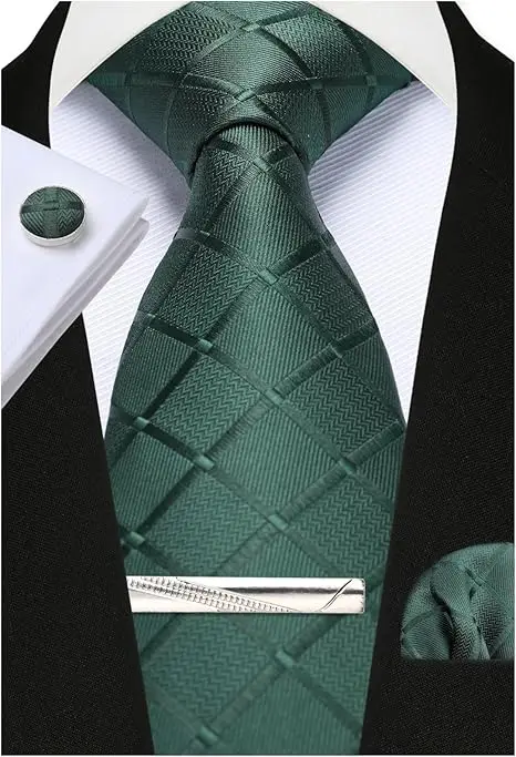 100% Silk Ties for Men Plaid & Checks Tie Clip Handkerchief Woven Classic Men's Necktie Pocket Square Set Formal Wedding Ties - Image 14