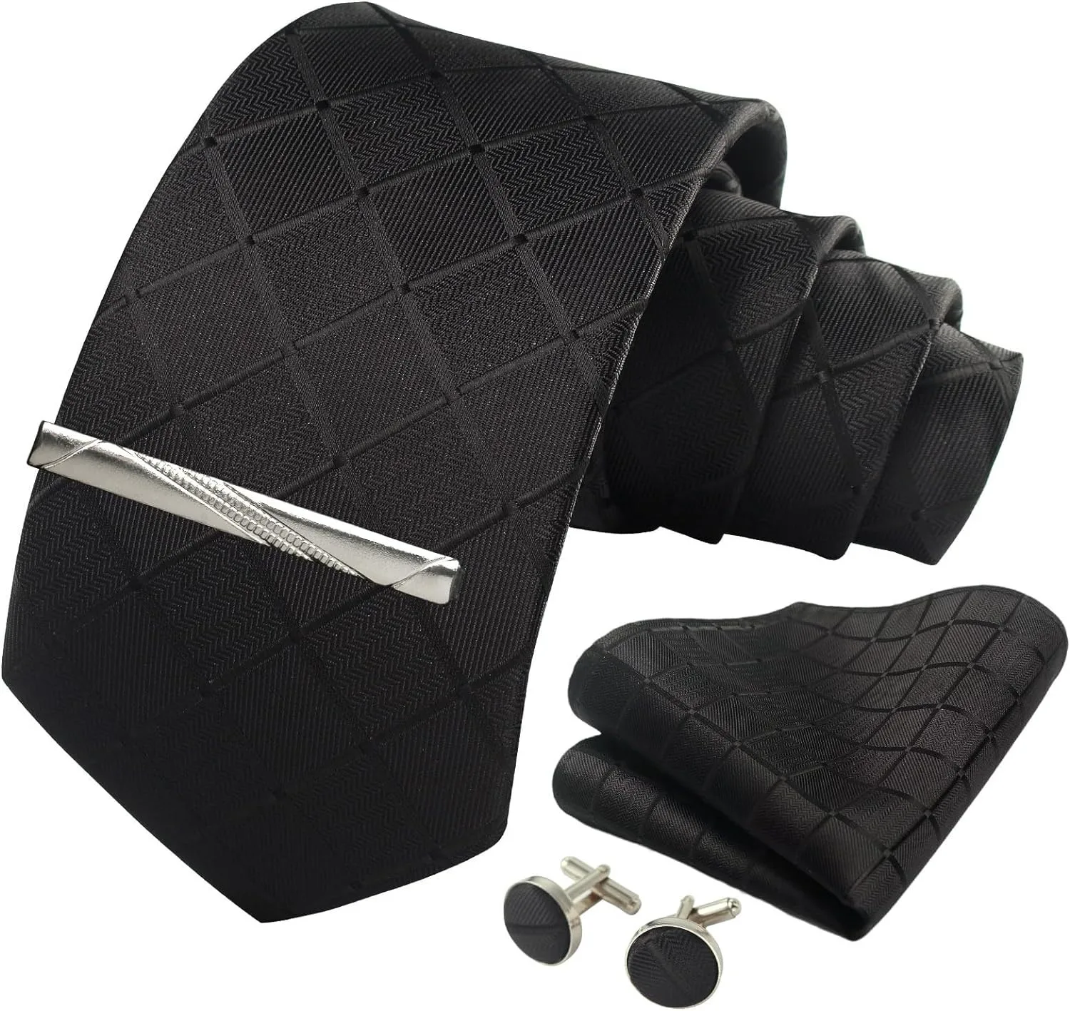 100% Silk Ties for Men Plaid & Checks Tie Clip Handkerchief Woven Classic Men's Necktie Pocket Square Set Formal Wedding Ties - Image 2
