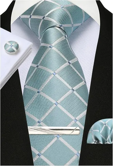 100% Silk Ties for Men Plaid & Checks Tie Clip Handkerchief Woven Classic Men's Necktie Pocket Square Set Formal Wedding Ties - Image 4