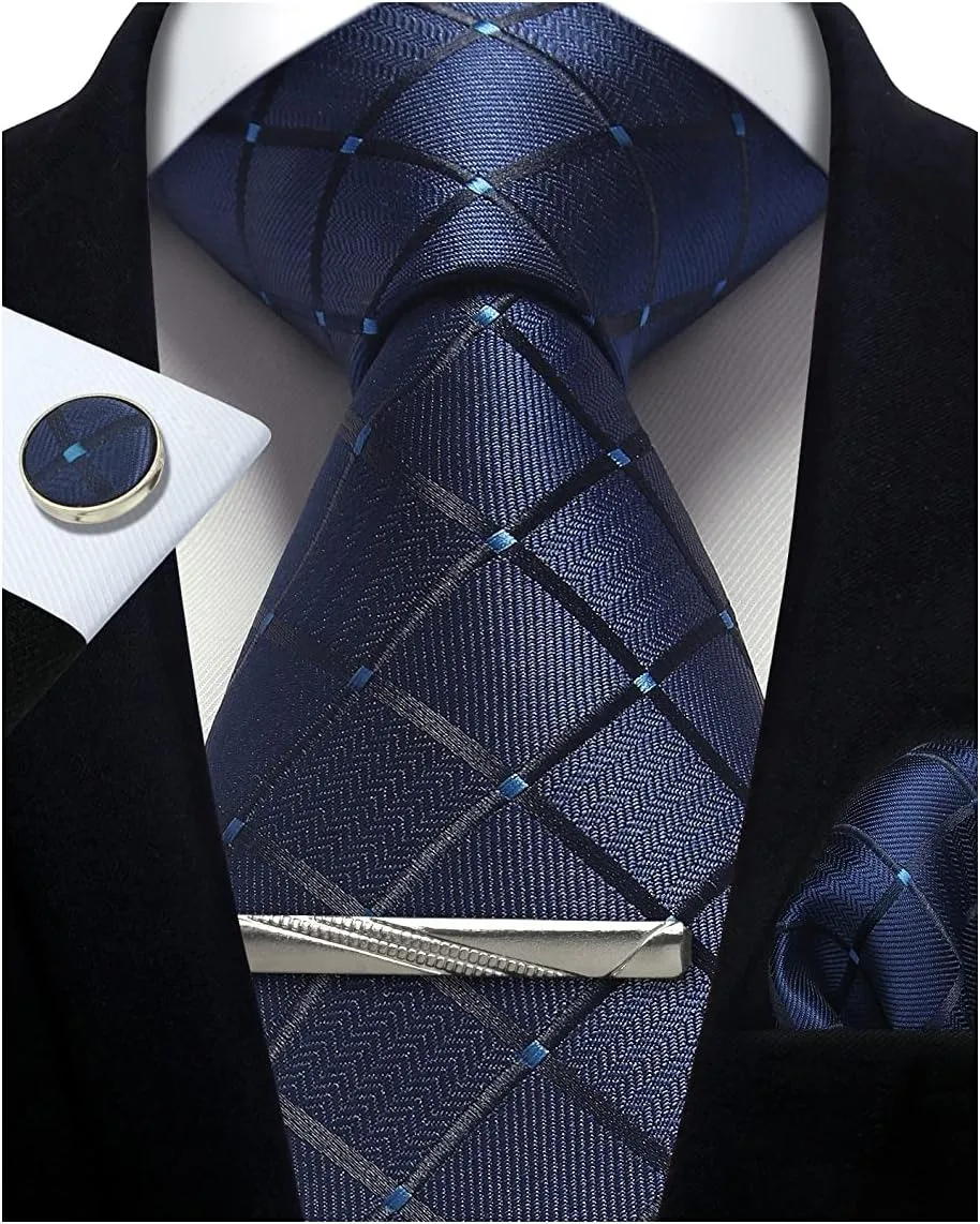 100% Silk Ties for Men Plaid & Checks Tie Clip Handkerchief Woven Classic Men's Necktie Pocket Square Set Formal Wedding Ties - Image 6