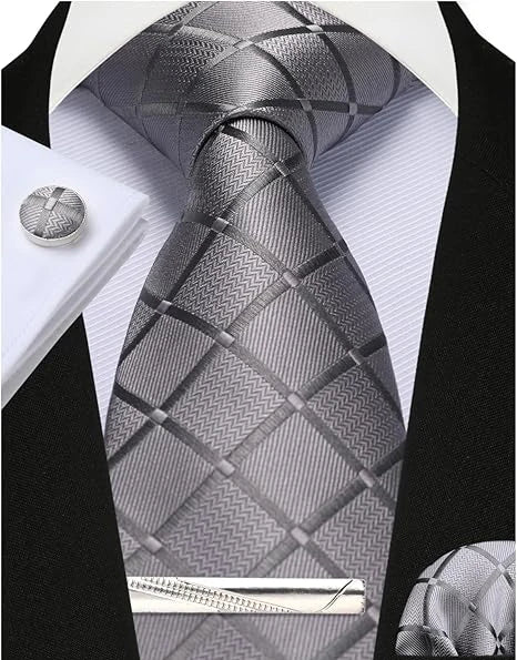 100% Silk Ties for Men Plaid & Checks Tie Clip Handkerchief Woven Classic Men's Necktie Pocket Square Set Formal Wedding Ties - Image 8
