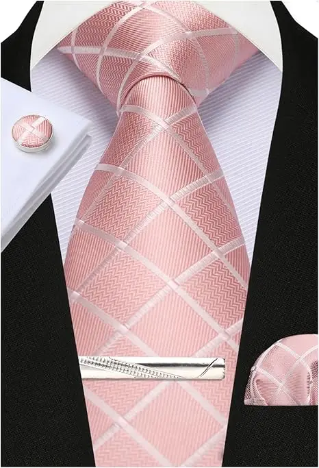 100% Silk Ties for Men Plaid & Checks Tie Clip Handkerchief Woven Classic Men's Necktie Pocket Square Set Formal Wedding Ties - Image 9