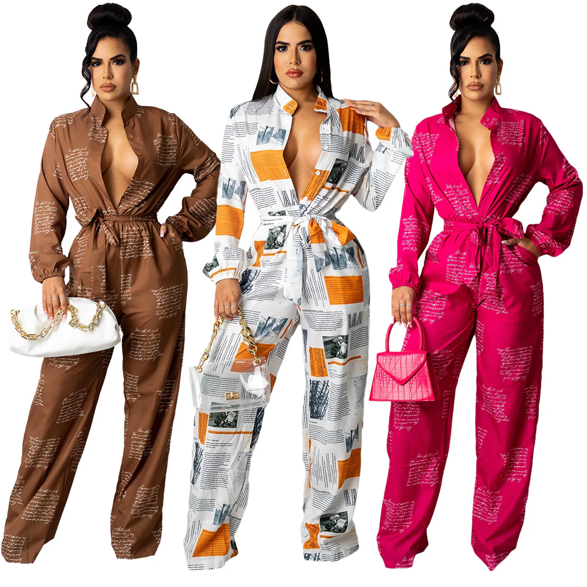 SEXY Letters Print Loose Pockets Waist Ribbon Fall Womens Jumpsuits