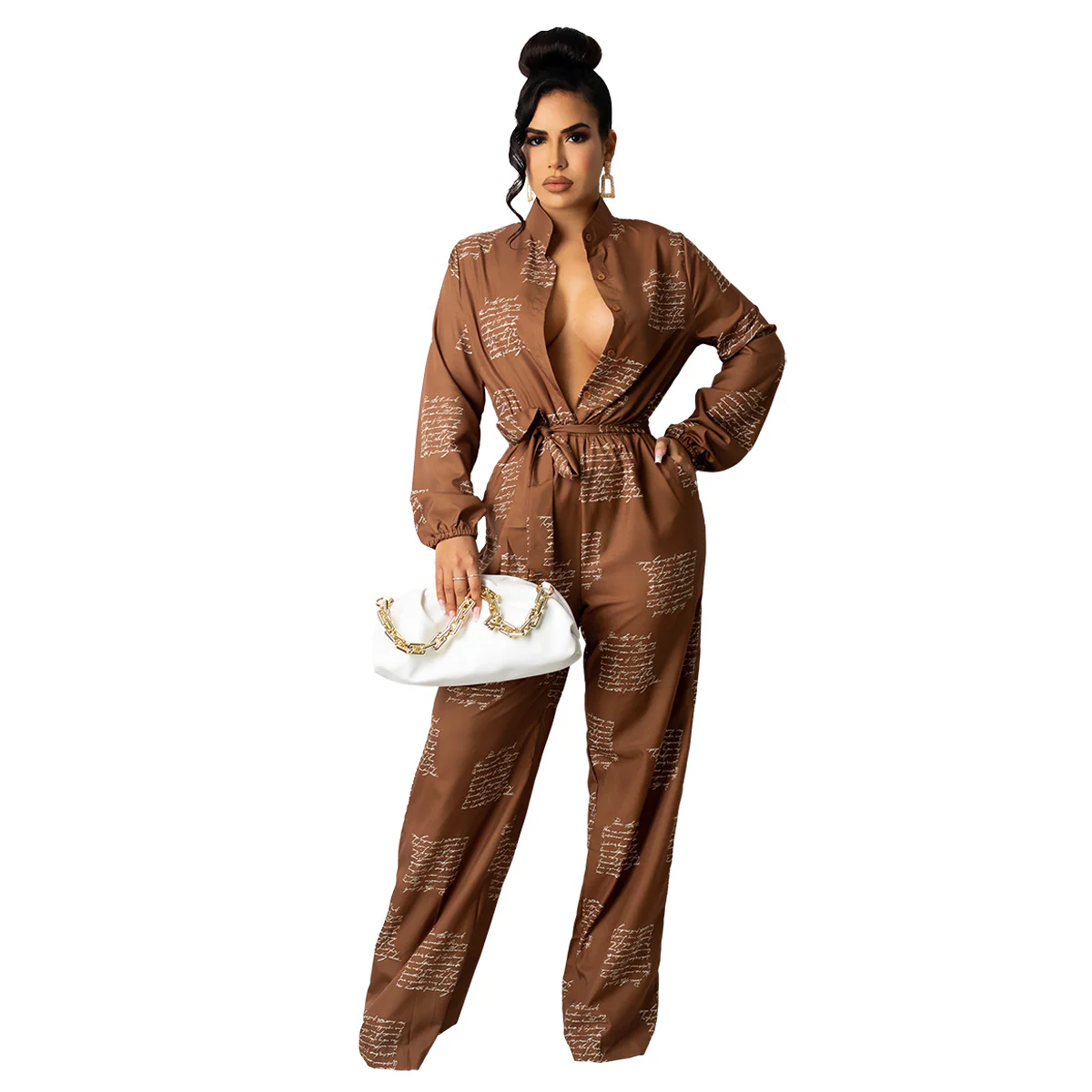 SEXY Letters Print Loose Pockets Waist Ribbon Fall Womens Jumpsuits - Image 2