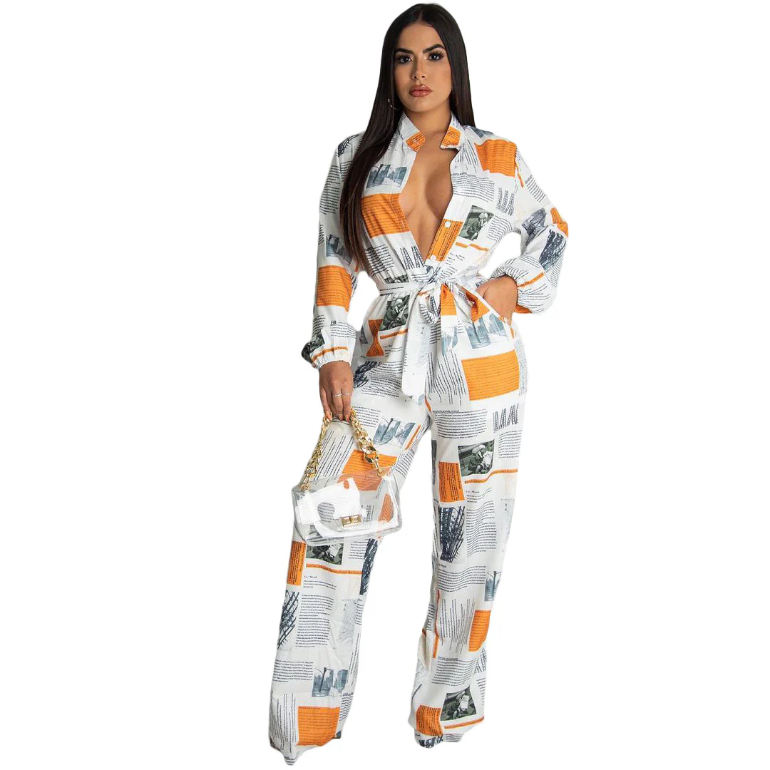 SEXY Letters Print Loose Pockets Waist Ribbon Fall Womens Jumpsuits - Image 3
