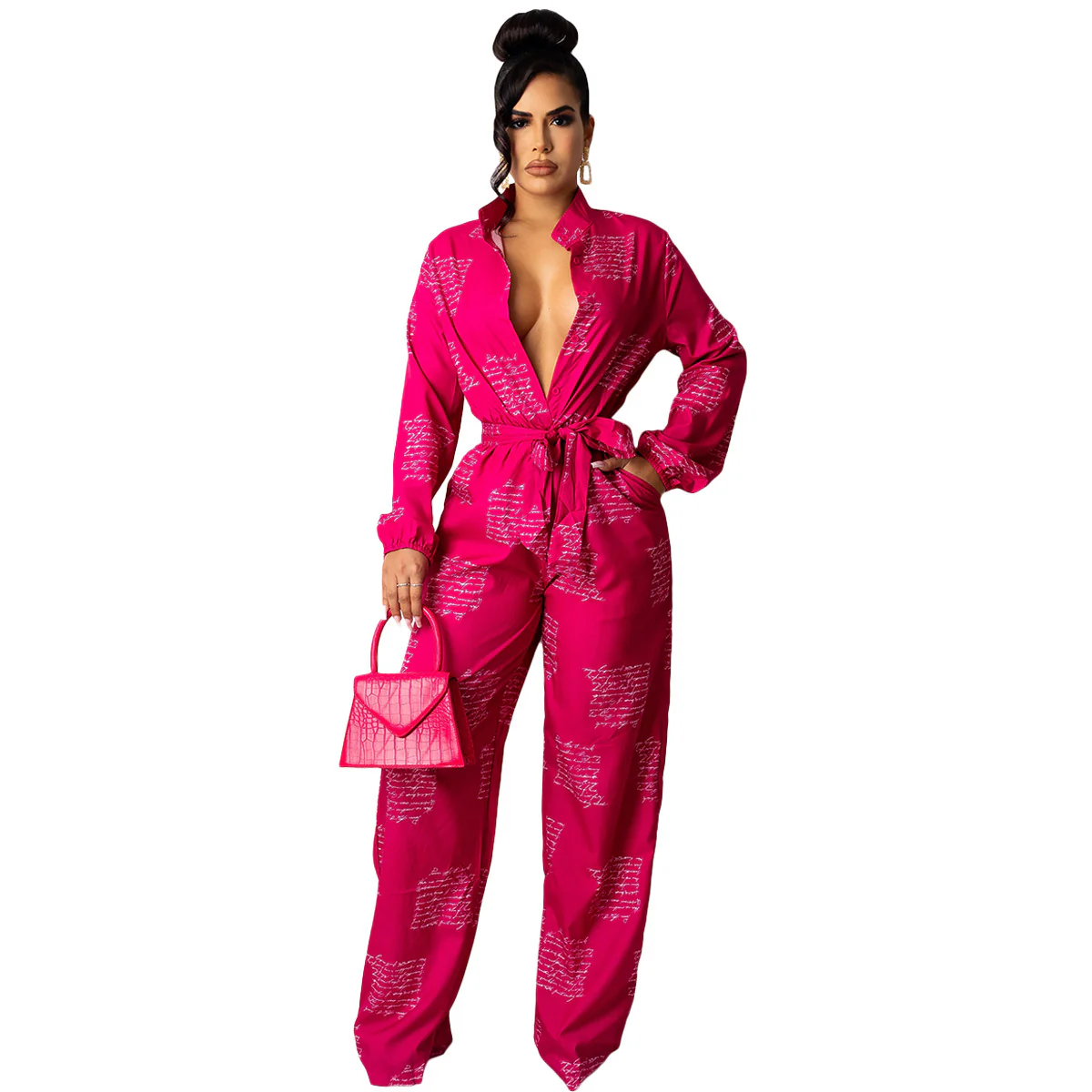 SEXY Letters Print Loose Pockets Waist Ribbon Fall Womens Jumpsuits - Image 6
