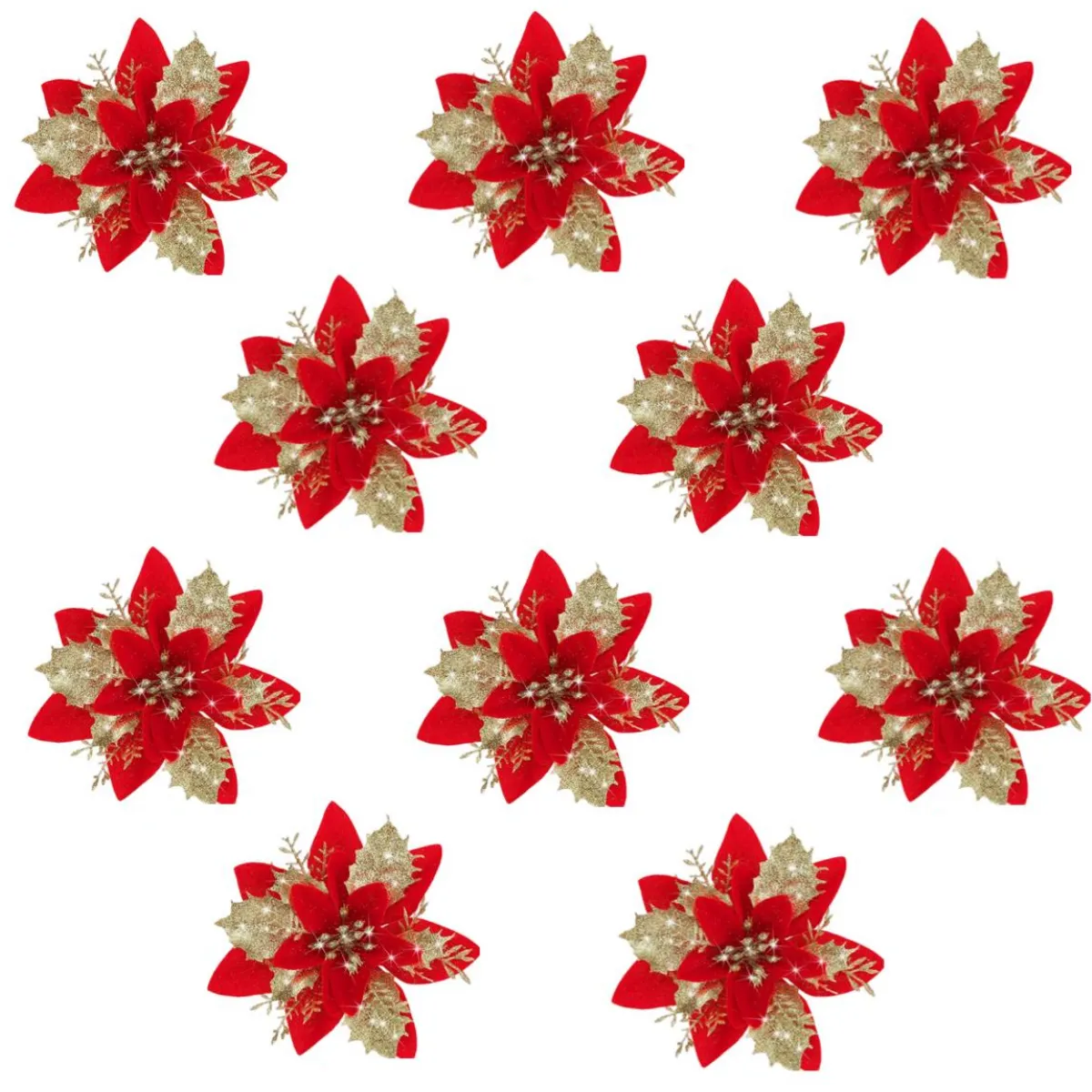 10PCS Christmas Flowers Red Gold Bling Flower Heads For Noel Home Tree Decorations Navidad Party Table Setting Decor Supplies - Image 7