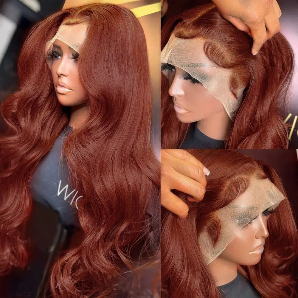 13x4 Reddish Brown Body Wave Lace Frontal Human Hair Wig HD Transparent 13x6 Lace Frontal Wig Glueless Human Hair Wig PrePlucked - Image 3
