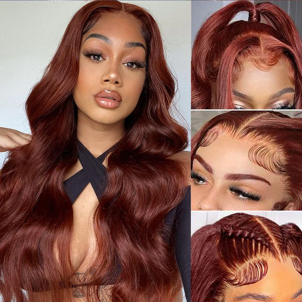 13x4 Reddish Brown Body Wave Lace Frontal Human Hair Wig HD Transparent 13x6 Lace Frontal Wig Glueless Human Hair Wig PrePlucked - Image 4