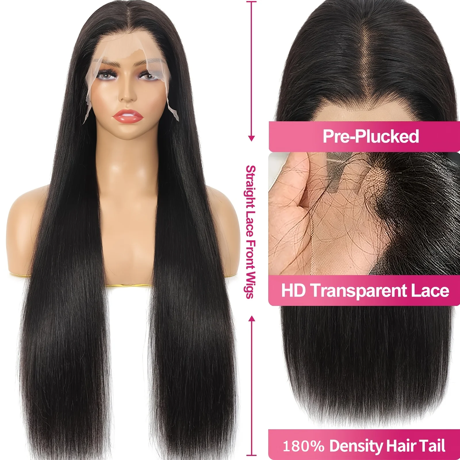 13x6 HD Transparent Lace Front Wig for Women - 180% Density, Pre-Plucked Straight Human Hair, Glueless Design, Natural Black Color, Versatile Styling Options for Ponytails and Braids - Image 11