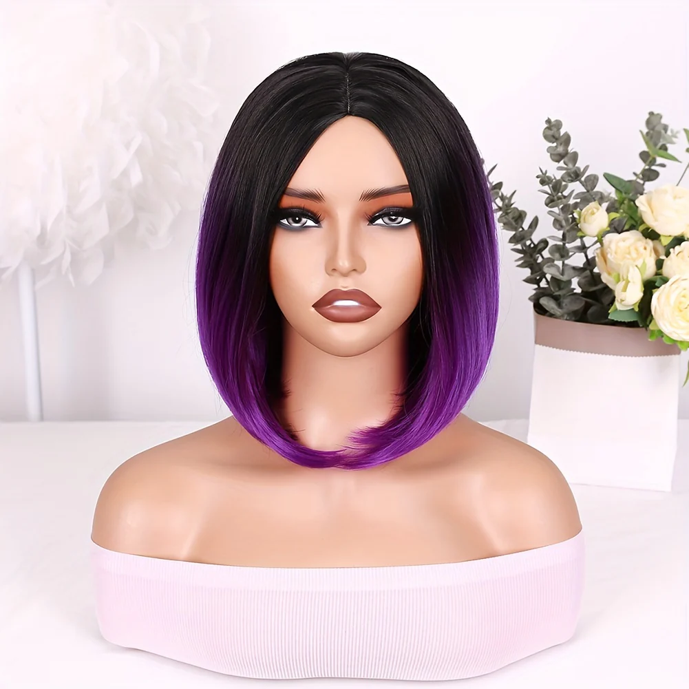 14-Inch Straight Synthetic Bob Wig with Ombre Effect - Black to Red, Heat-Resistant Fiber, Daily Cosplay & Party Style, High-Density Rose Net, Perfect for Women, Party Hair Accessory | Stylish Hairpiece | Heatresistant Fiber, - Image 12