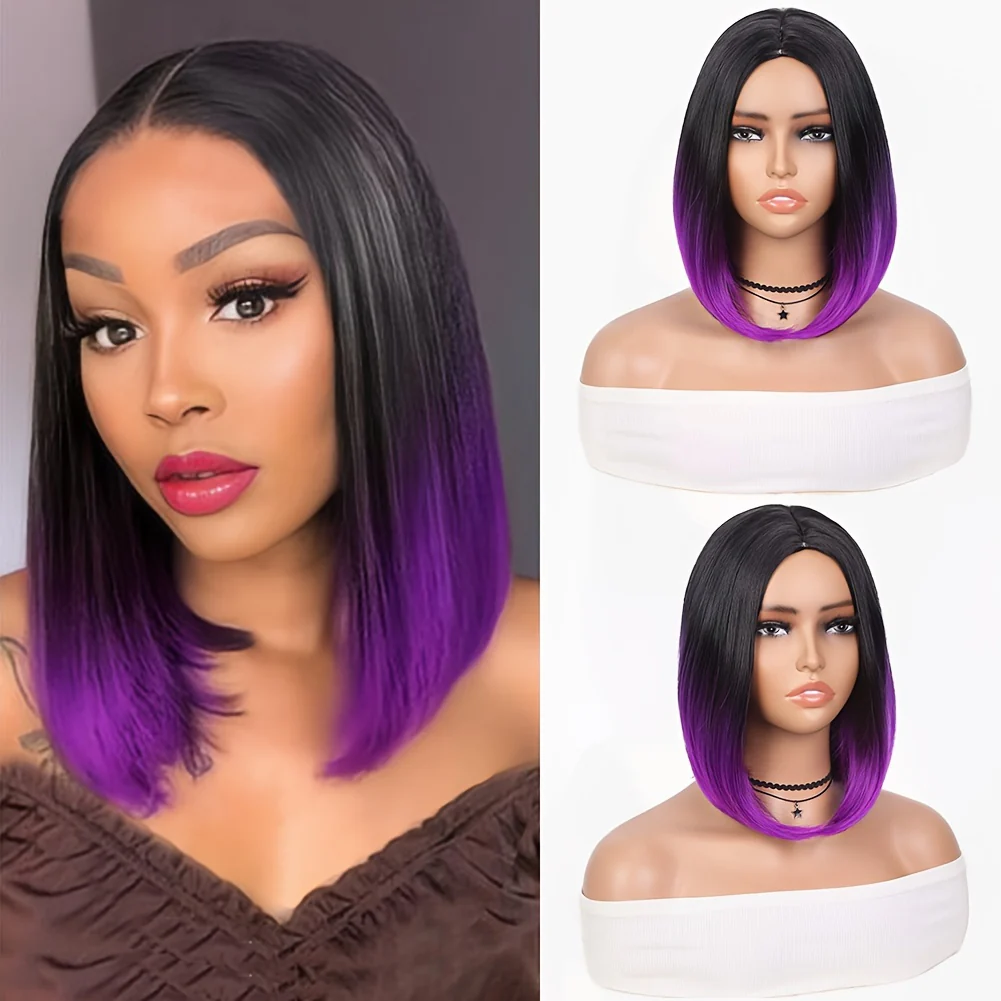 14-Inch Straight Synthetic Bob Wig with Ombre Effect - Black to Red, Heat-Resistant Fiber, Daily Cosplay & Party Style, High-Density Rose Net, Perfect for Women, Party Hair Accessory | Stylish Hairpiece | Heatresistant Fiber, - Image 14