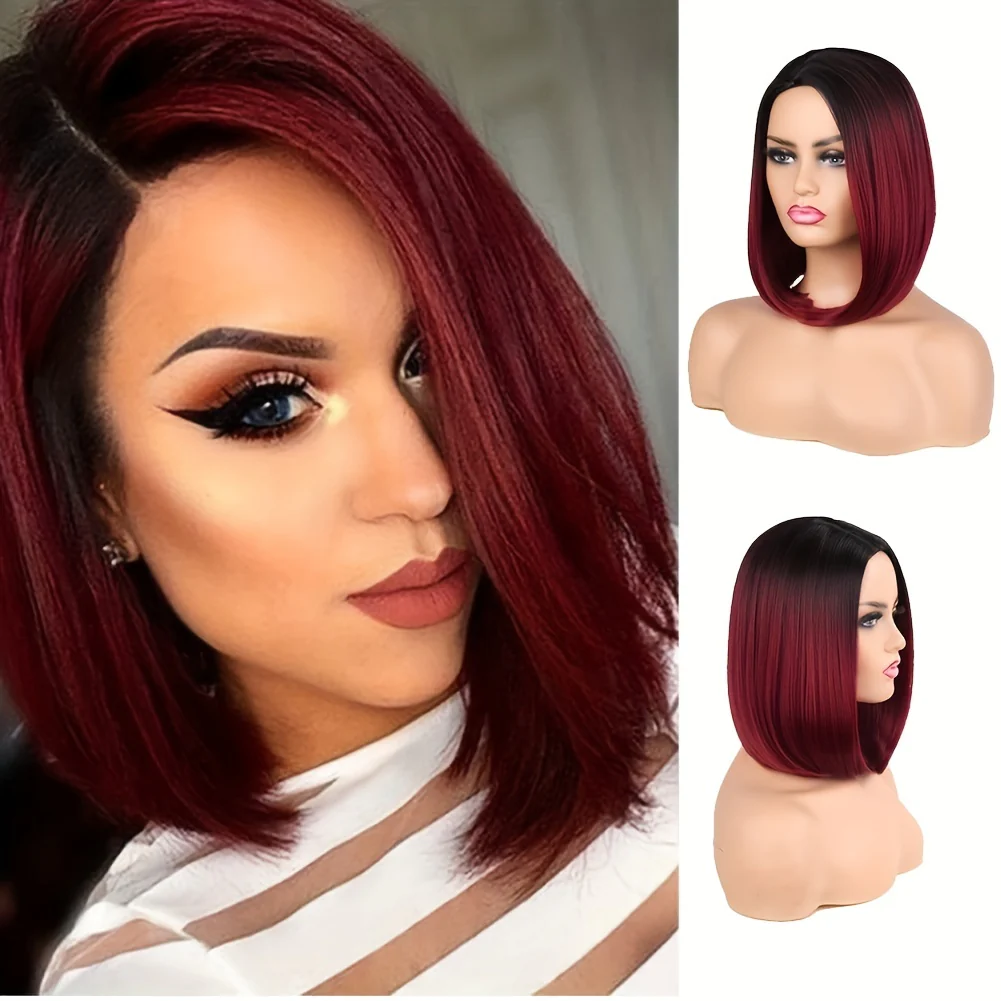 14-Inch Straight Synthetic Bob Wig with Ombre Effect - Black to Red, Heat-Resistant Fiber, Daily Cosplay & Party Style, High-Density Rose Net, Perfect for Women, Party Hair Accessory | Stylish Hairpiece | Heatresistant Fiber, - Image 5