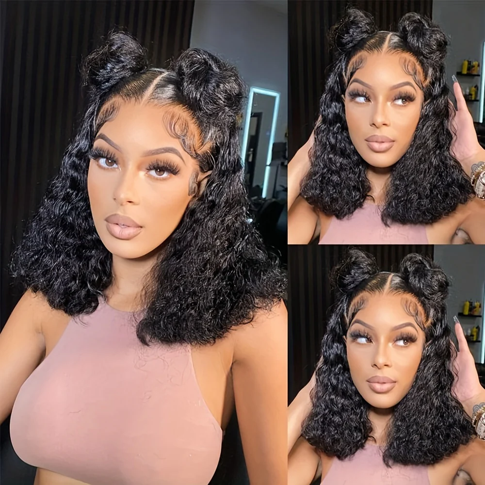 180% Density Deep Wave Bob Wig - 13x4 Lace Frontal, Pre-Plucked Natural Hairline, Brazilian Remy Human Hair, Curly Style, Shoulder-Length Black Wig for Women, Versatile Hair Wig | Curly Bob Wig | Lace Frontal Wig - Image 5