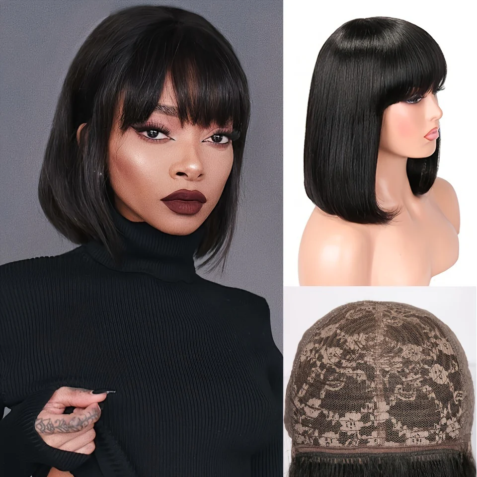 [180% Full Human Hair Bob Wig] Straight Short Bob Wig With Bangs 100% Human Hair Full Machine Made Bob Wigs Glueless Straight Wigs For Women 180% - Image 3