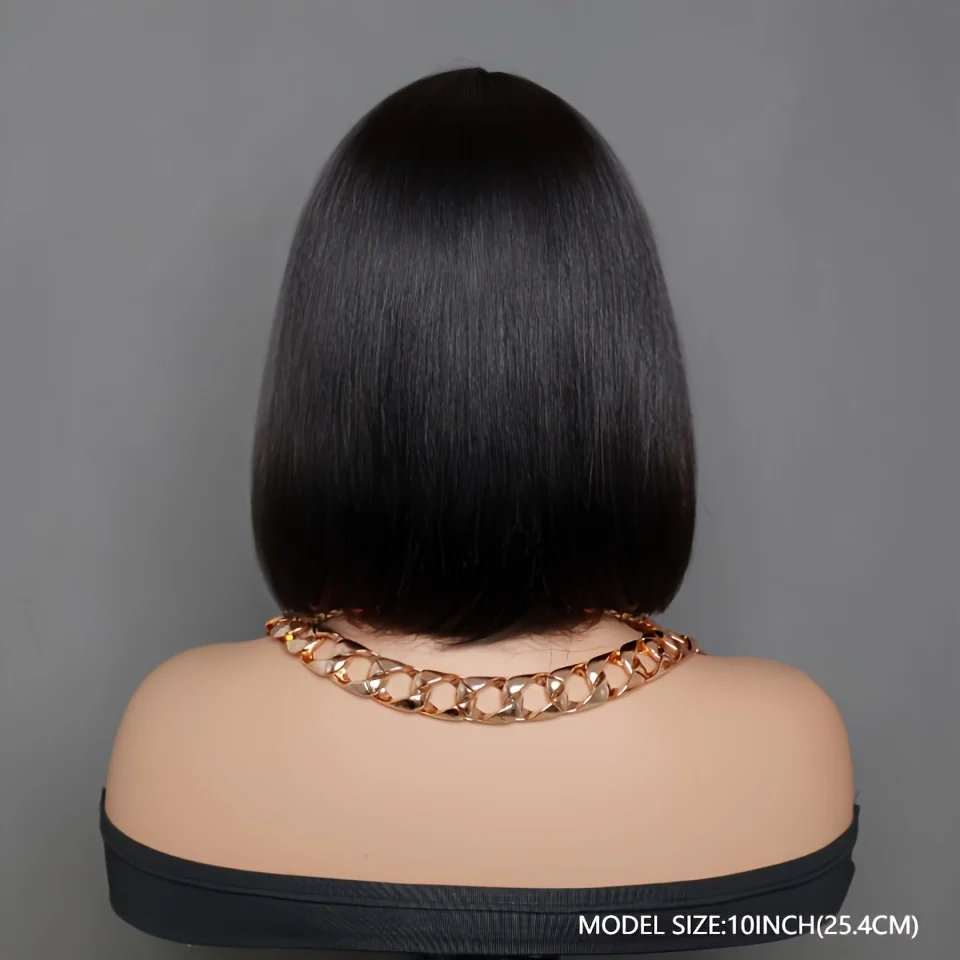 [180% Full Human Hair Bob Wig] Straight Short Bob Wig With Bangs 100% Human Hair Full Machine Made Bob Wigs Glueless Straight Wigs For Women 180% - Image 4
