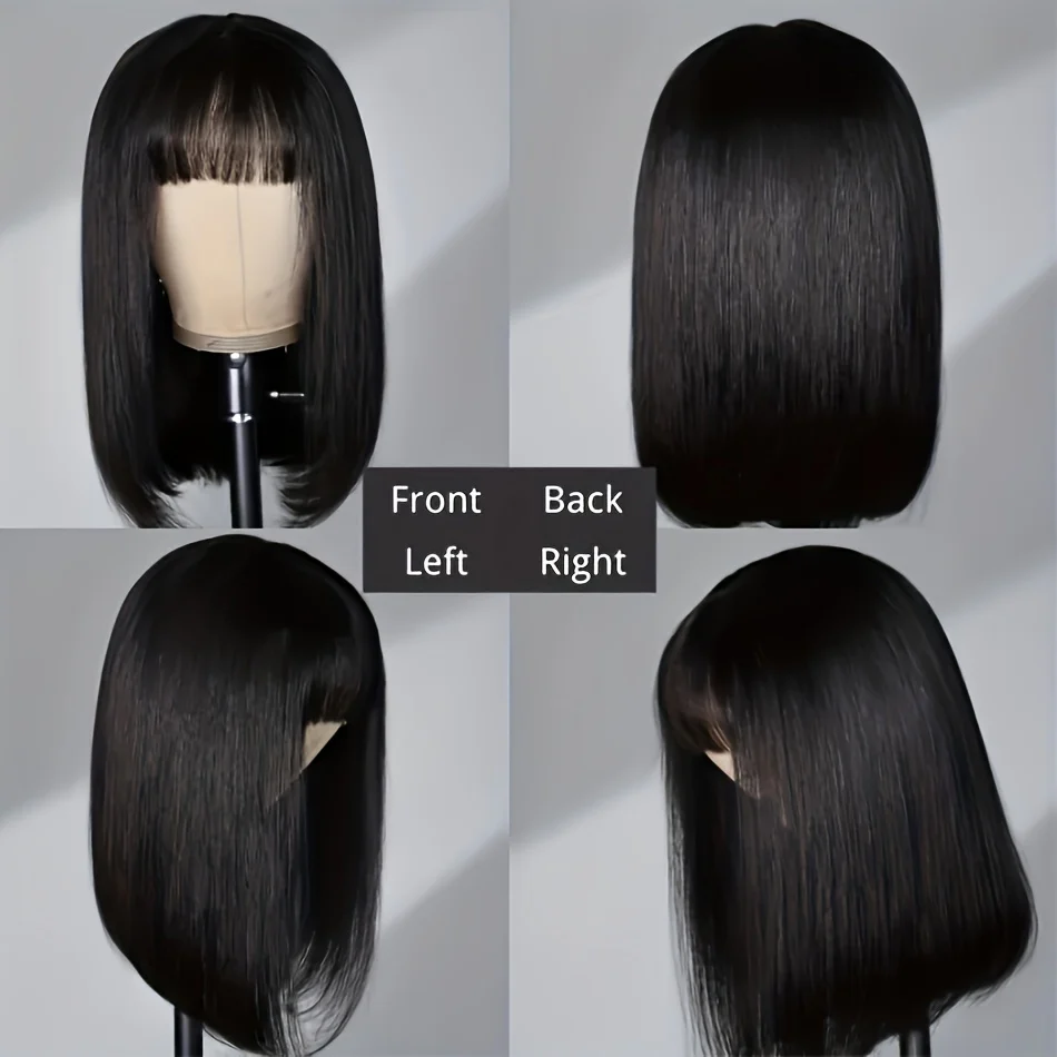 [180% Full Human Hair Bob Wig] Straight Short Bob Wig With Bangs 100% Human Hair Full Machine Made Bob Wigs Glueless Straight Wigs For Women 180% - Image 5