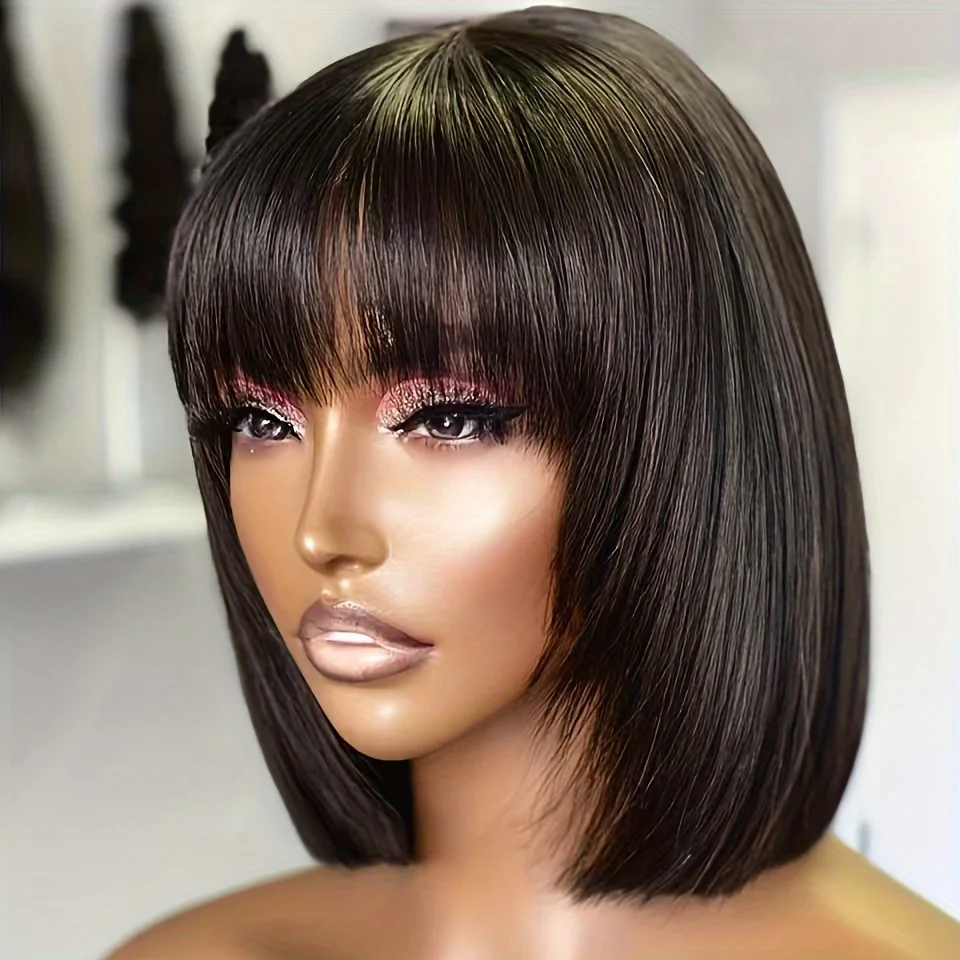 [180% Full Human Hair Bob Wig] Straight Short Bob Wig With Bangs 100% Human Hair Full Machine Made Bob Wigs Glueless Straight Wigs For Women 180% - Image 6