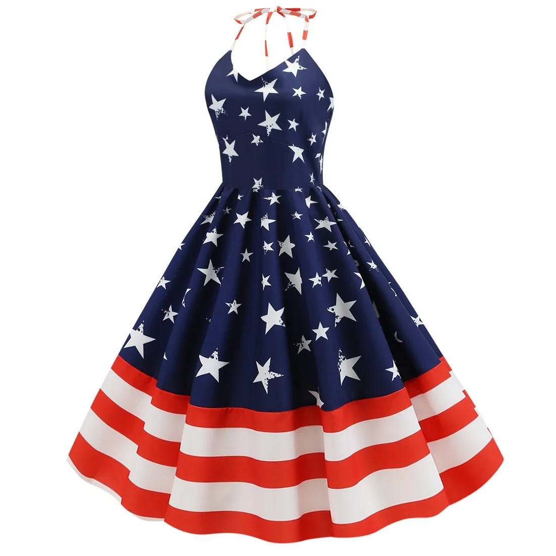 1950s60s Retro Dress American Independence Day Retro Women's Wear Halter Wrap Chest Star Stripe Print Large Swing Dress - Image 5