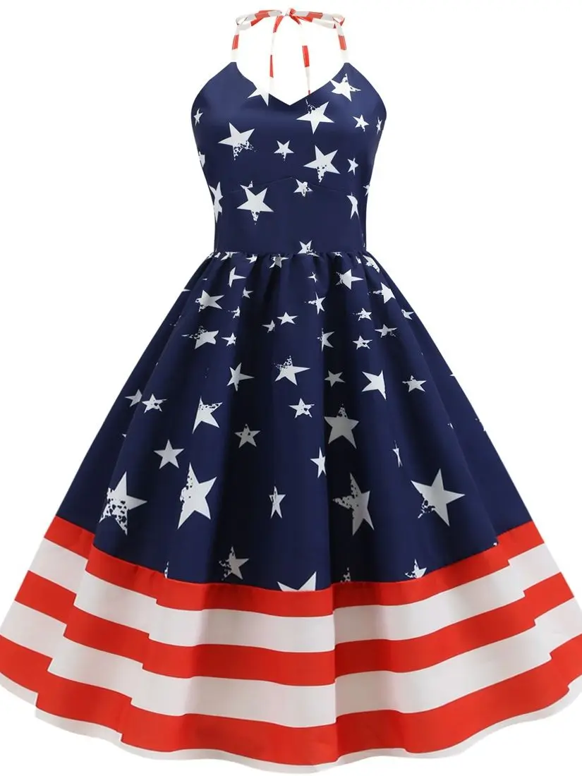 1950s60s Retro Dress American Independence Day Retro Women's Wear Halter Wrap Chest Star Stripe Print Large Swing Dress - Image 6