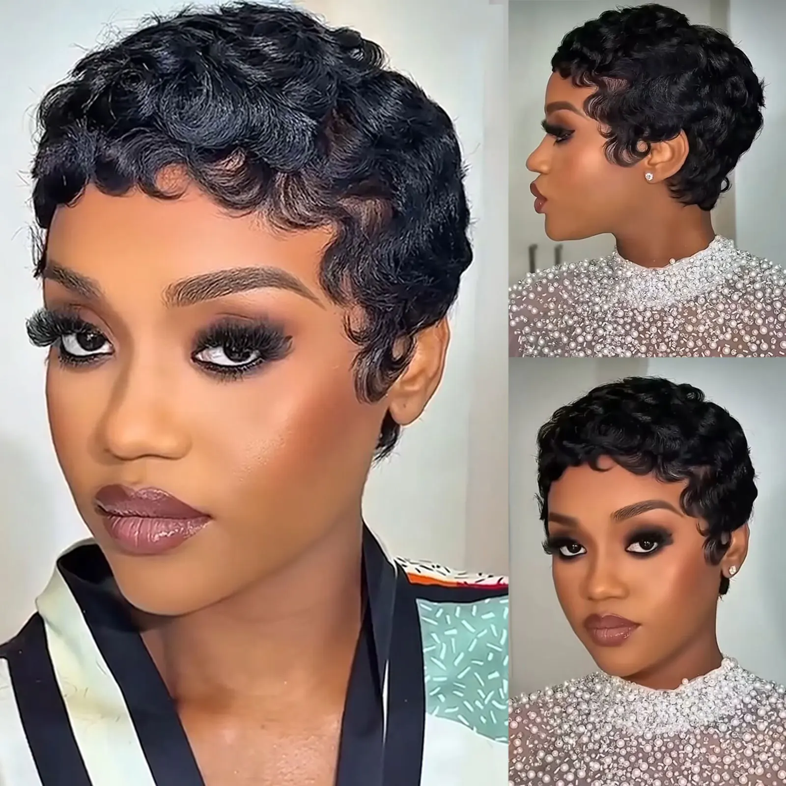 #1B Black Short Curly Pixie Cut Wigs For Women Curly Wig Brazilian Remy Human Hair Short Bob Full Machine Made Wig 150% Density - Image 2