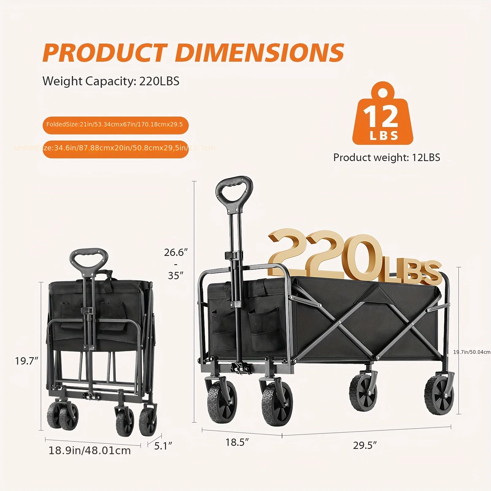 1pc Collapsible Foldable Wagon Cart, 220LBS Heavy Duty Utility Garden Cart With All-Terrain Wheels For Beach, Lawn, Sports, Camping, Black, 30" - Image 4