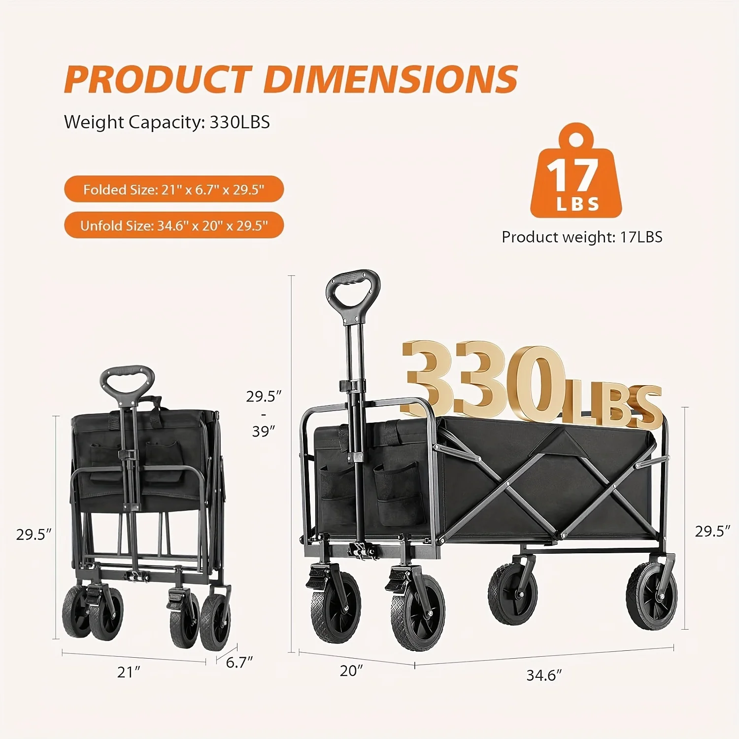 1pc Collapsible Foldable Wagon Cart, 220LBS Heavy Duty Utility Garden Cart With All-Terrain Wheels For Beach, Lawn, Sports, Camping, Black, 30" - Image 6