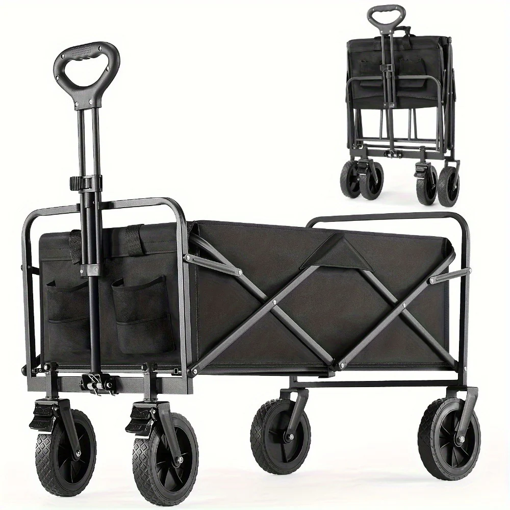 1pc Collapsible Foldable Wagon Cart, 220LBS Heavy Duty Utility Garden Cart With All-Terrain Wheels For Beach, Lawn, Sports, Camping, Black, 30" - Image 7
