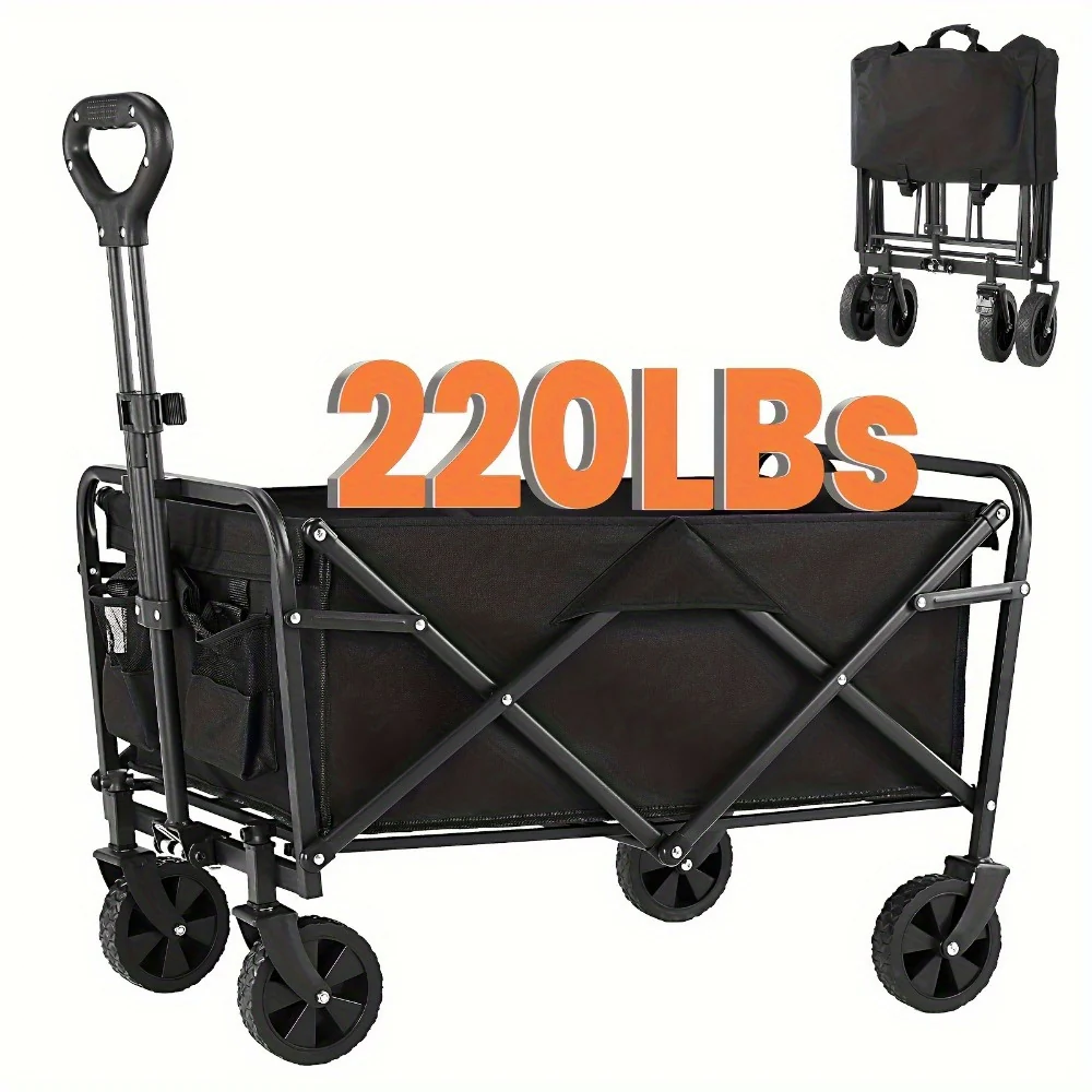 1pc Collapsible Foldable Wagon Cart, 220LBS Heavy Duty Utility Garden Cart With All-Terrain Wheels For Beach, Lawn, Sports, Camping, Black, 30" - Image 8