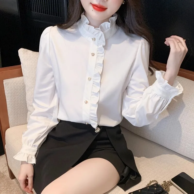 1pcs Woman Spring Autumn French Style Elegant Shirts Lady Fashion White Shirt Female Casual Long Sleeve Half High Collar Tops - Image 2