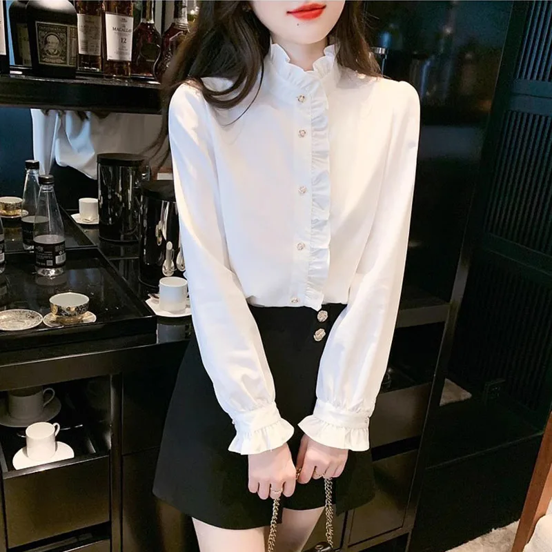 1pcs Woman Spring Autumn French Style Elegant Shirts Lady Fashion White Shirt Female Casual Long Sleeve Half High Collar Tops - Image 3